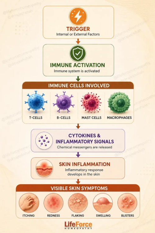 Diagram showing how immune activation can lead to skin inflammation and symptoms