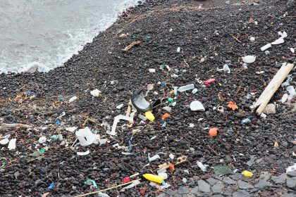 Plastic debris scattered along a sandy beach shoreline