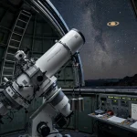 Telescope observatory under the night sky observing Saturn