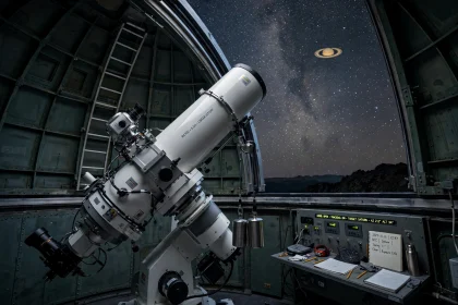 Telescope observatory under the night sky observing Saturn