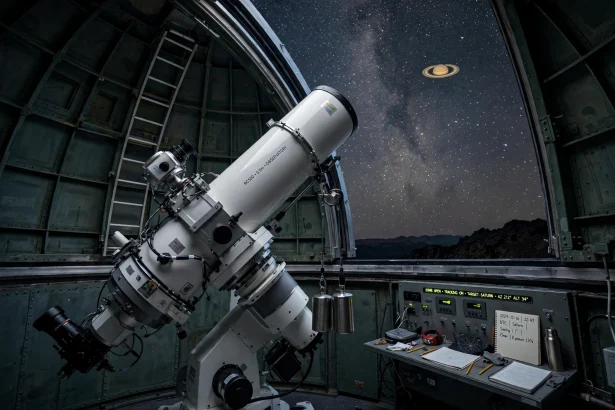 Telescope observatory under the night sky observing Saturn