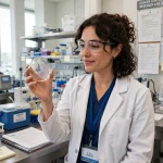 Researcher holding a sample in an oncology research laboratory