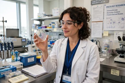 Researcher holding a sample in an oncology research laboratory