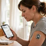Adult with type 2 diabetes wearing a continuous glucose monitor and checking readings on a phone