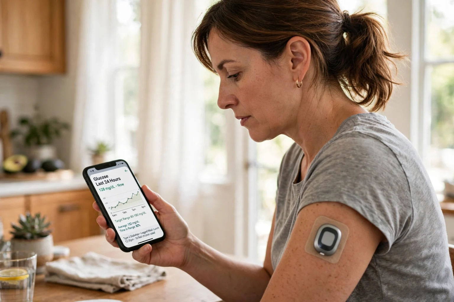 Adult with type 2 diabetes wearing a continuous glucose monitor and checking readings on a phone