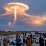SpaceX rocket launch creating a glowing jellyfish cloud over the US East Coast at twilight