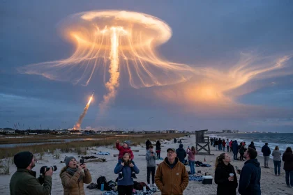 SpaceX rocket launch creating a glowing jellyfish cloud over the US East Coast at twilight